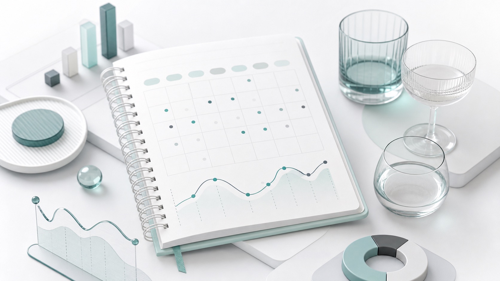 Abstract notebook, calendar, and chart elements representing private alcohol tracking